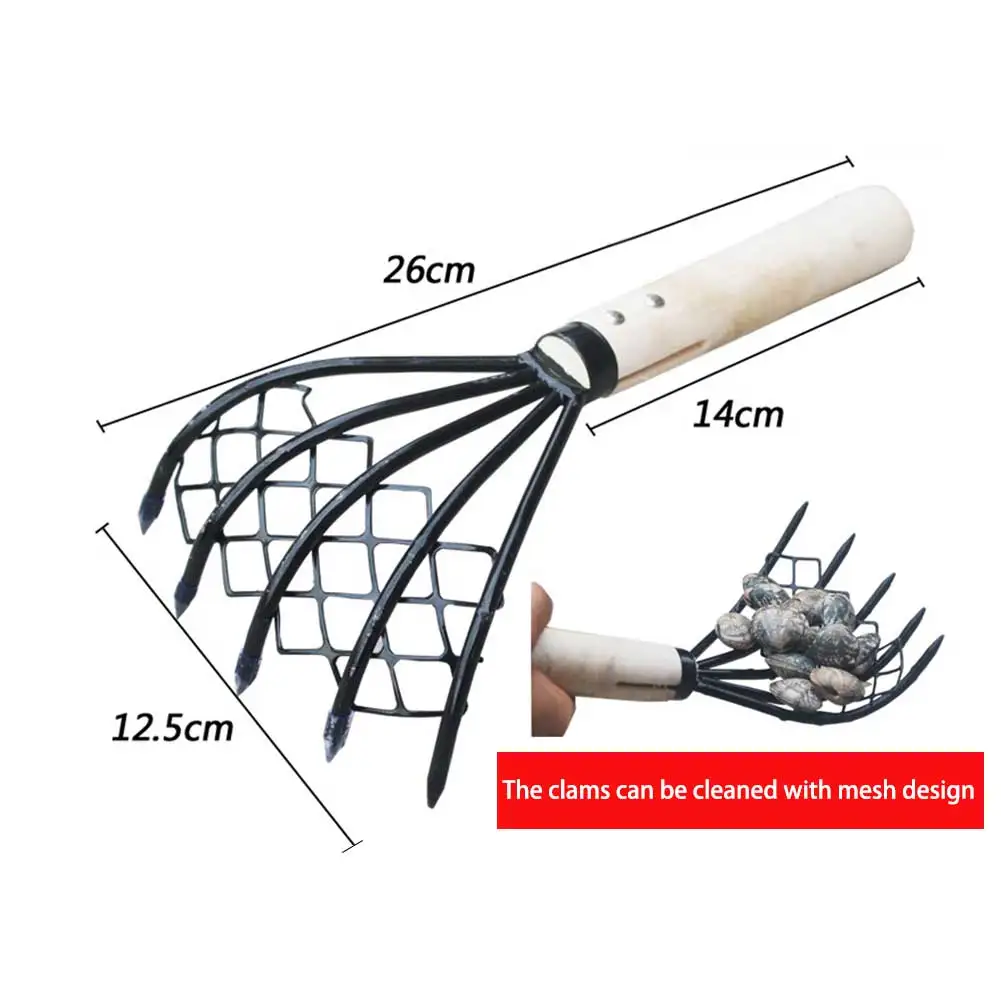 Clam Rake with 5-Claw Design and Net - Essential Seafood Pitchfork with Wood Handle for Beach, Garden, and Home Use - Conch and Shell Gathering Tool