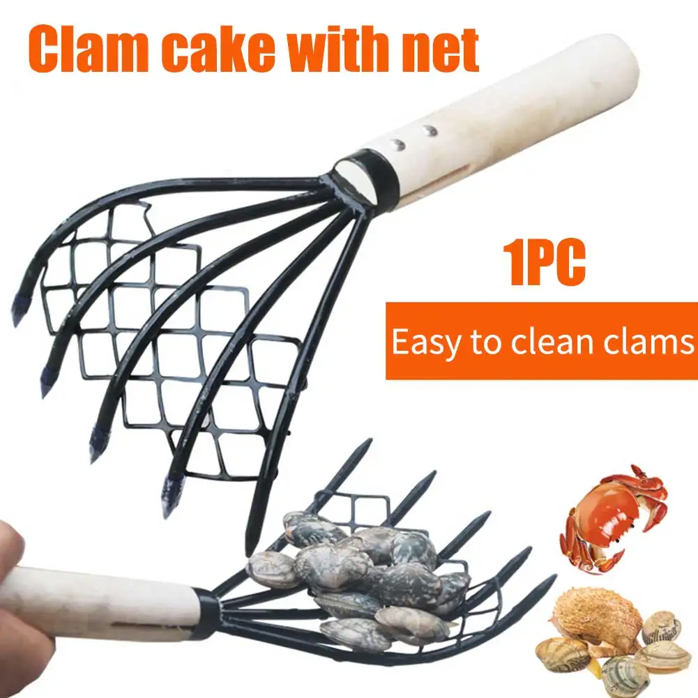 Clam Rake with 5-Claw Design and Net - Essential Seafood Pitchfork with Wood Handle for Beach, Garden, and Home Use - Conch and Shell Gathering Tool