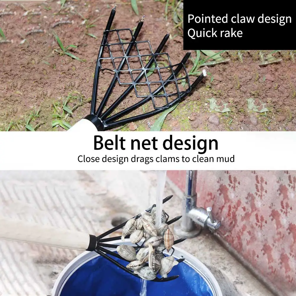 Clam Rake with 5-Claw Design and Net - Essential Seafood Pitchfork with Wood Handle for Beach, Garden, and Home Use - Conch and Shell Gathering Tool