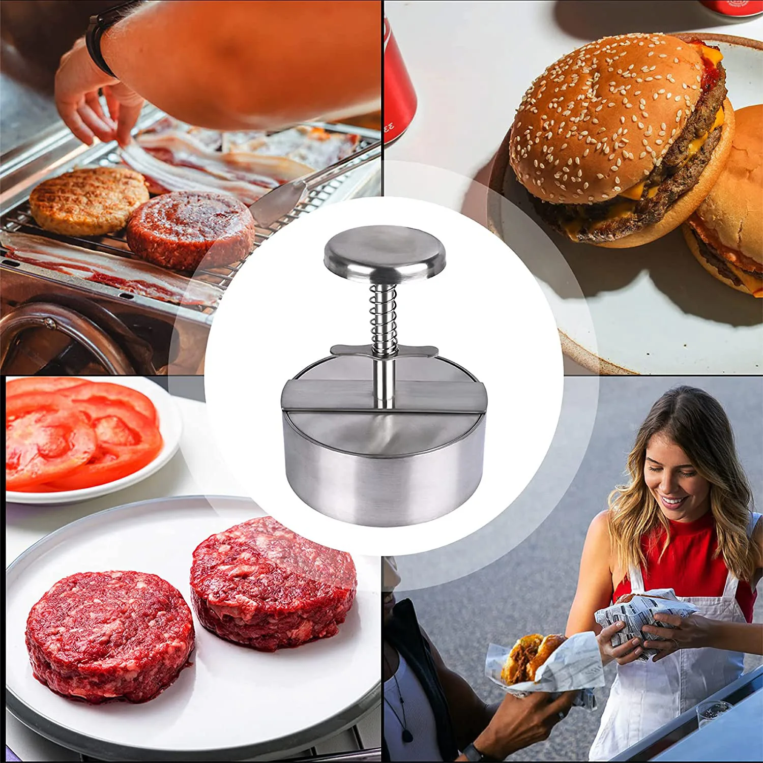 304 Stainless Steel Non-Stick Round Manual Rice Ball Mold Thickness Adjusted Kitchen Beef BBQ Tools - Ultimate Hamburger Presses Patties Maker